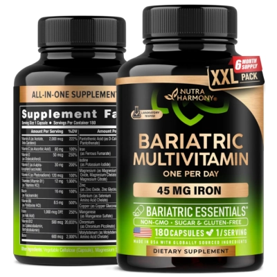 Bariatric Multivitamin, Multivitamínico Bariátrico 21 Vitaminas Essenciais com ferro 45mg, 180 Cápsulas, Nutraharmony