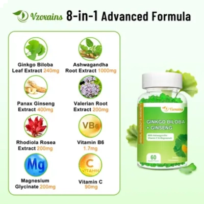 Ginkgo Biloba + Ginseng, 60 Gummies, Vzoxains