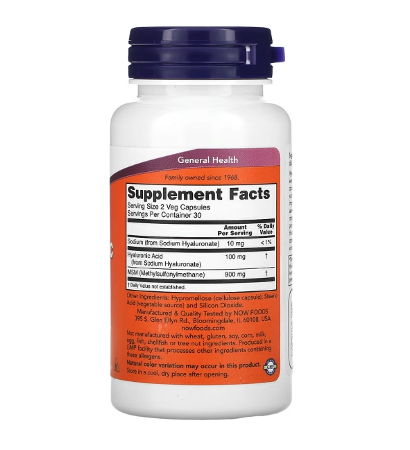Ácido Hialurônico, 50 mg, 60 Cápsulas, Now