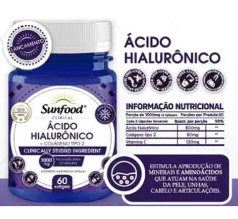 Ácido Hialurônico com Colágeno Tipo II, 1000mg, 60 Softgels, Sunfood