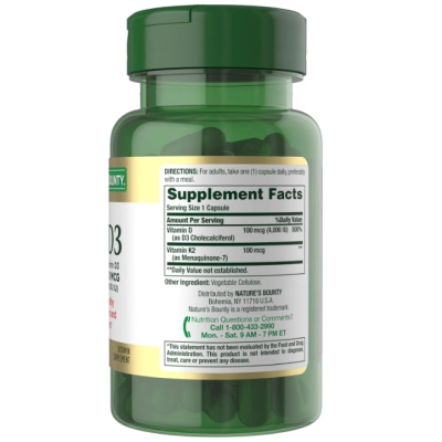 Vitamina D3 4000UI + K2 100mg, 60 Cápsulas, Nature's Bounty