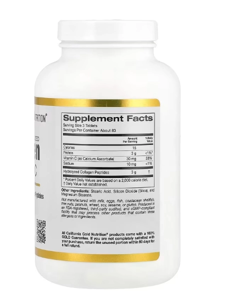 Peptídeos de Colágeno Hidrolisado, Tipo I e III, Com Vitamina C, 250 Comprimidos, California Gold Nutrition