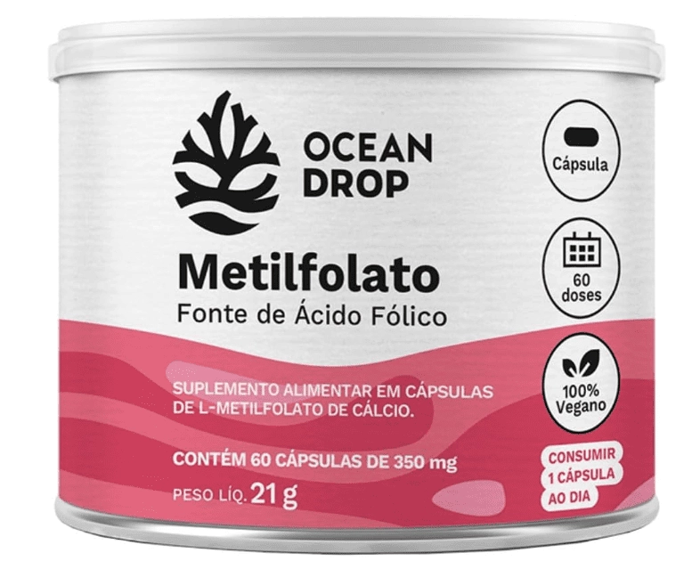 Metilfolato Vitamina B9, Fonte de Ácido fólico, 60 Cápsulas, Ocean Drop