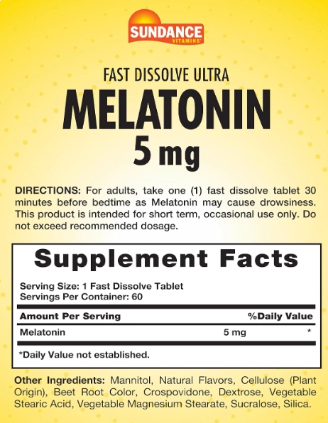 Melatonina 5mg, 60 comprimidos Fast Dissolve, Sabor Natural de Frutas, Sundance