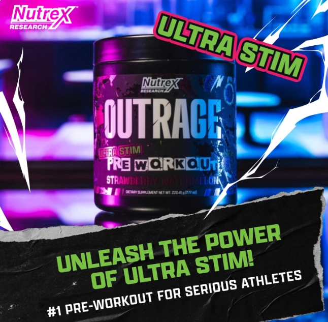 Pré Treino Outrage, Com Cafeína, L-Citrulina, Beta-Alanina e Creatina, Ultra Stim, Sabores, Nutrex