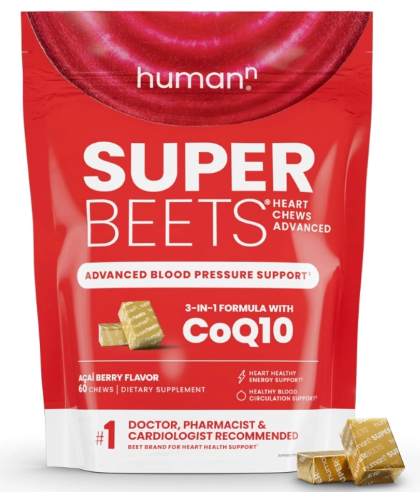 SuperBeets Heart Chews Advanced, Com Beterraba, Semente de Uva e CoQ10 100mg, 60 Balas, humanN 