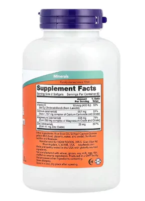 Cálcio e Magnésio com Vitamina D3 e Zinco, 120 Softgels, Now