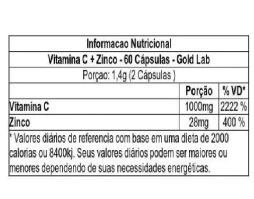 Vitamina C 1000mg + Zinco 28mg, 60 Cápsulas, Gold Lab 