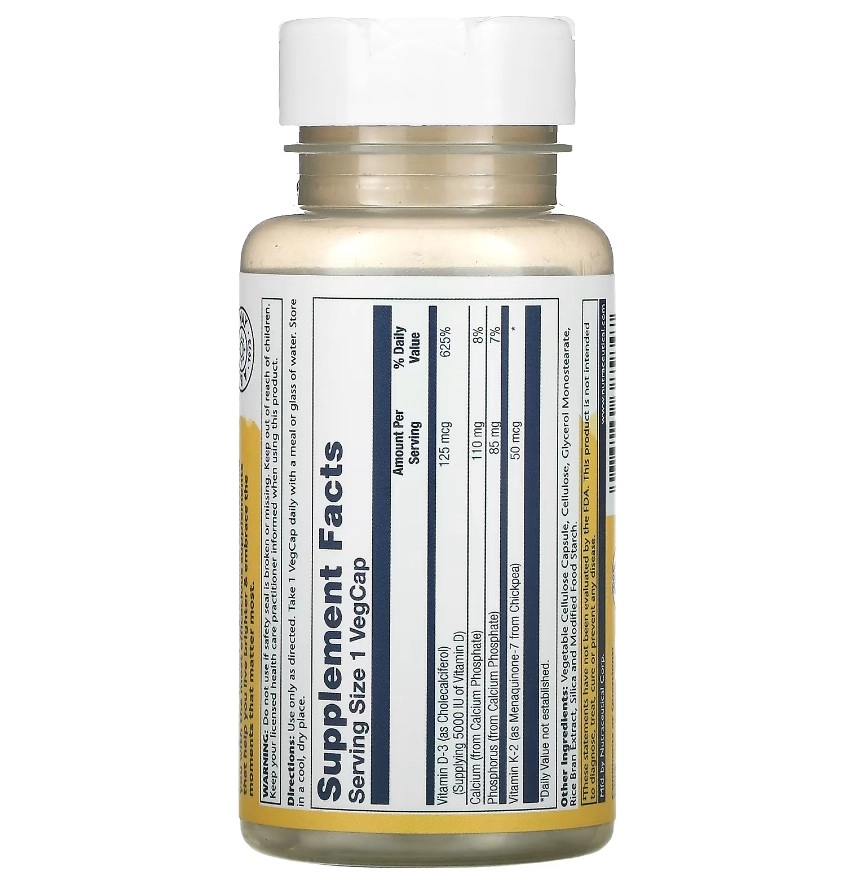 Vitamina D3 5000IU  + K2 50mcg, MK-7, 60 capsulas Solaray
