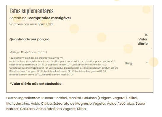Probiótico infantil, 3 Bilhões, 30 comprimidos mastigáveis, Sundance