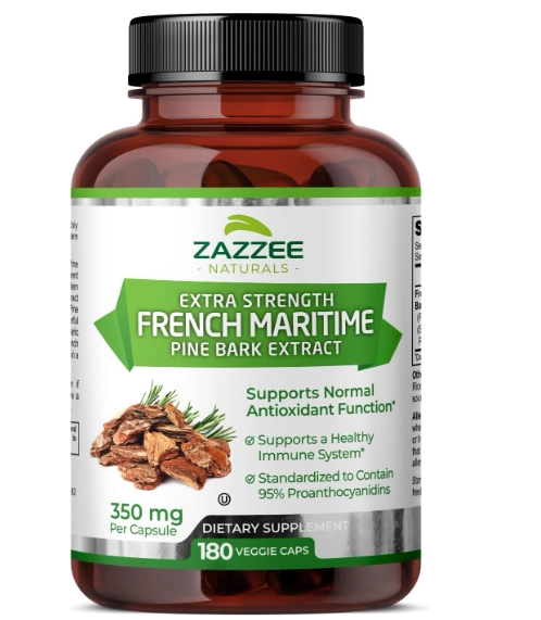 Casca de Pinheiro 350mg, Pine Bark Marítimo Francês, 180 cápsulas, Zazzee