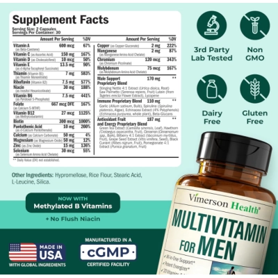 Multivitamin for Men, Multivitamínico para Homens com B12, A, D, C, Zinco, Magnésio e Mais, 60 Cápsulas, Vimerson Health