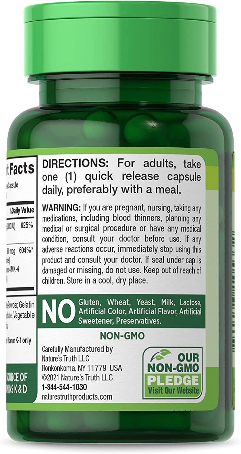 Complexo de Vitamina K2 e MK7 + D3, 800mcg, 50 Cápsulas, Nature's Truth