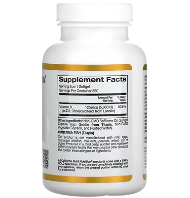 Vitamina D3, 125 mcg (5.000 UI),  90 capsulas, California Gold