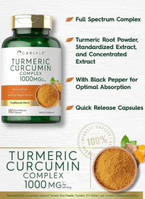 Turmeric, Cúrcuma Curcumina com Pimenta Preta, 1000mg, 180 Cápsulas, Carlyle