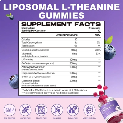 Liposomal L-Theanine, 400mg, 60 Gomas, Sabor  Mirtilo , Elysx