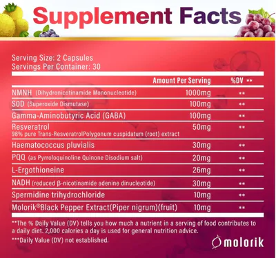 NMNH 1000mg, Mononucleotídeo de Dihidronicotinamida, 60 Cápsulas, molorik