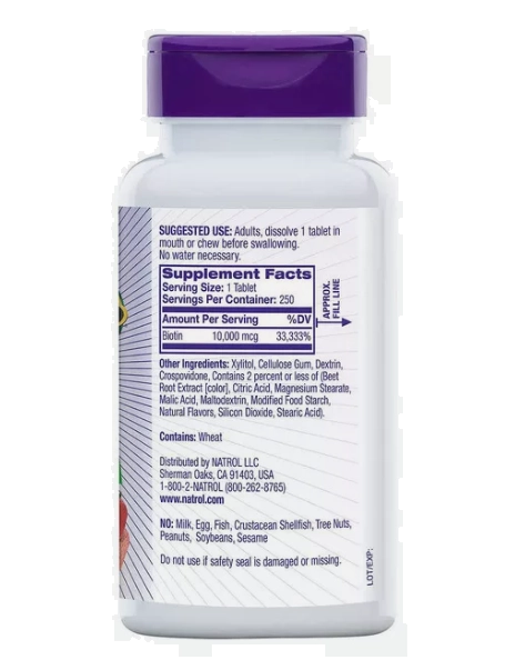 Biotina 10000mcg, 250 Comprimidos Sublinguais sabor Morango, Natrol