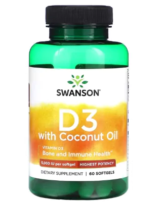 Vitamina D3 com óleo de coco, Potência máxima, 5000UI, 60 cápsulas, Swanson