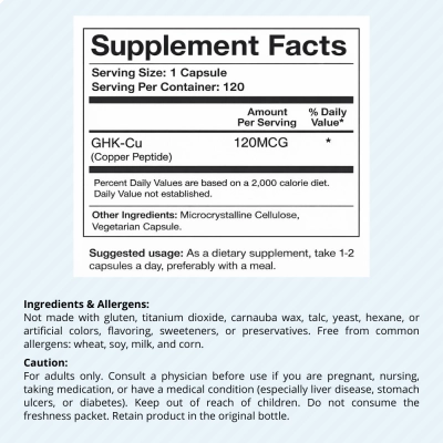 GHK-Cu, Suplemento de Peptídeo de Cobre, 120mcg, 120 Cápsulas, FDNM