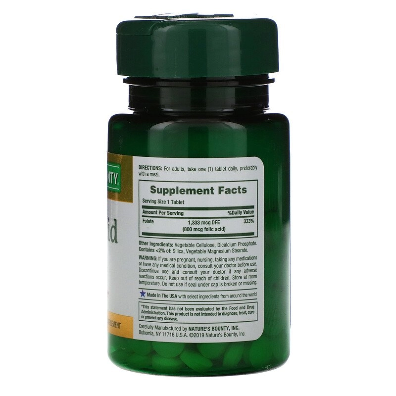 Ácido Fólico, Vitamina B-9,  800mg, 250 comprimidos, Natures Bounty