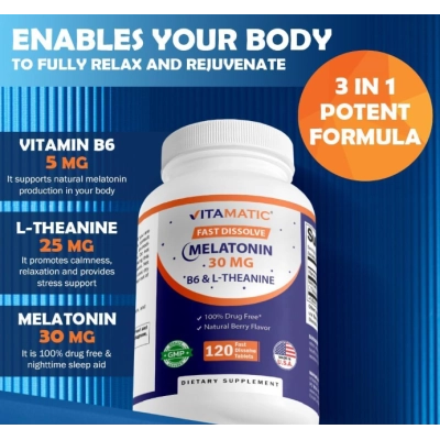 Melatonina 30mg, Com B6 e L-Teanina, 120 Comprimidos Sabor Frutas Vermelhas, Vitamatic 