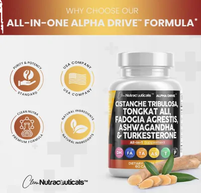 Alpha Drive, Cistanche Tribulosa com Tongkat Ali e Ashwagandha, 60 Cápsulas, Clean Nutraceuticals