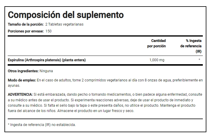 Spirulina, 1000mg, 300 Tabletas, Pipingrock