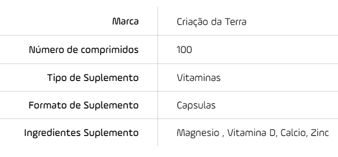 Cálcio, Magnésio E Zinco Com Vitamina D3, 100 Cápsulas, Earths Creation