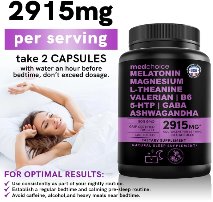 Melatonina 5mg, com Magnésio, Ashwagandha, L-teanina, Valeriana e 5-HTP, 90 Cápsulas, MedChoice