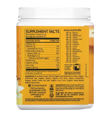 Protein Classic Plus, À Base de Plantas, Baunilha, 375g, Sunwarrior