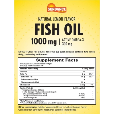 Fish Oil (Ômega-3), 1000mg, 200 Softgels, Sabor Limão, Sundance