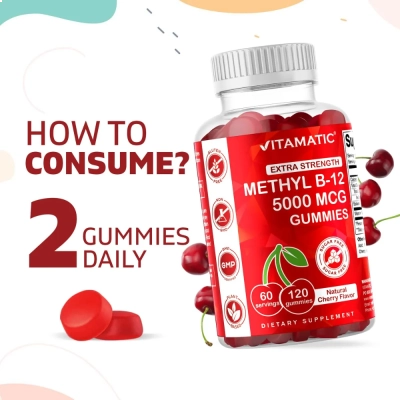 Metil B-12 5000mcg Gummies, Energia, Disposição e Foco, 120 Gomas, Vitamatic