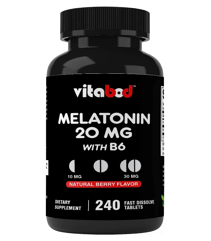Melatonina, 20mg, 240 comprimidos de dissolução rápida, Com Vitamina B6, Vitabod