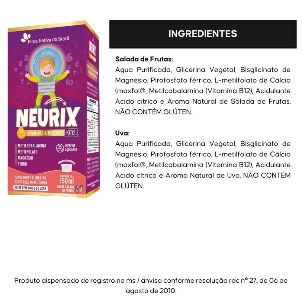  NEURIX (Mg, Fe, Metilfolato e B12) 150ml - Flora Nativa do Brasil