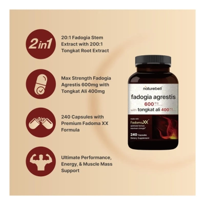 Fadogia Agrestis 600mg Com Tongkat Ali 400mg, 240 Cápsulas, Naturebell