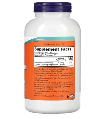 Magnésio Citrate, 240 Cápsulas, Now