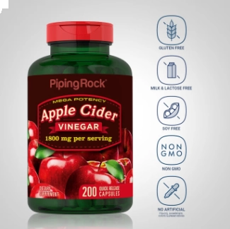 Apple Cider Vinegar Mega Potency 1800mg, Vinagre de Maçã, 200 Cápsulas, PipingRock