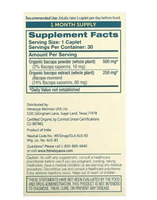 Bacopa Orgânica 500mg, 30 Cápsulas, Himalaya