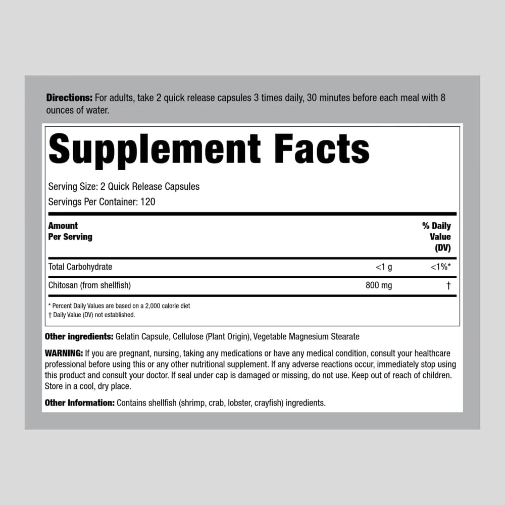 Ultra Lipo Chitosan, 800mg, 240 Cápsulas de Liberação Rápida, PipingRock