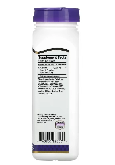 L-Arginina 1000mg, 100 Comprimidos, 21st Century