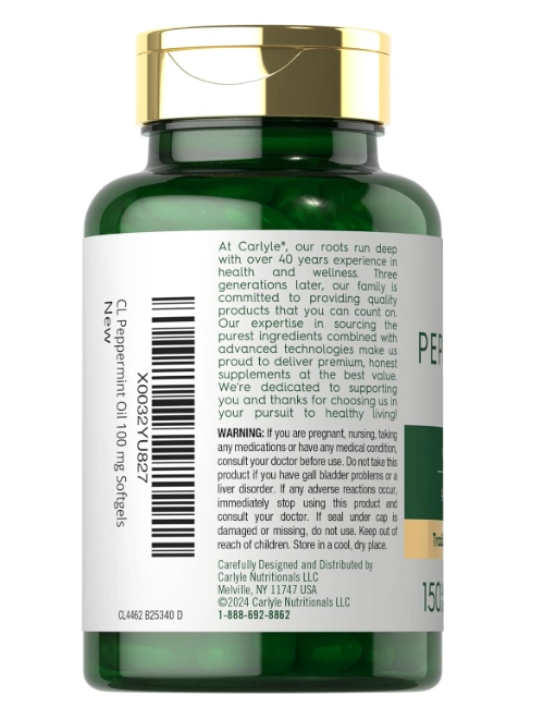 Peppermint Oil, Óleo de hortelã-Pimenta 100mg, 150 Cápsulas, Carlyle 