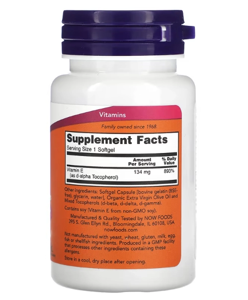 Vitamina E-200 com Tocoferóis Mistos, 200UI, 100 Cápsulas, Now