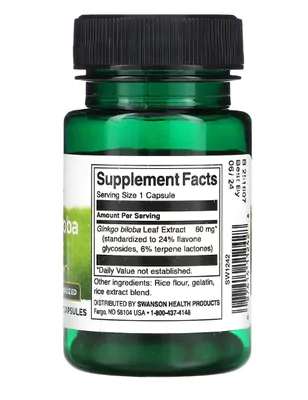 Ginkgo Biloba, Padronizado, 60mg, 30 Cápsulas, Swanson