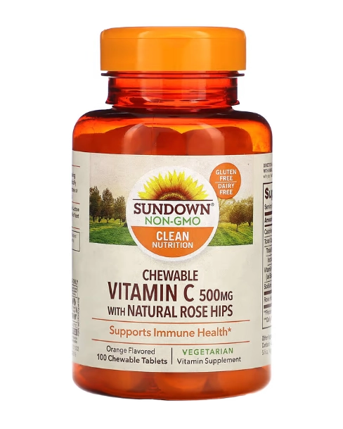 Vitamina C com Rosa Mosqueta Natural, Laranja, 500 mg, 100 Comprimidos Mastigáveis, Sundown