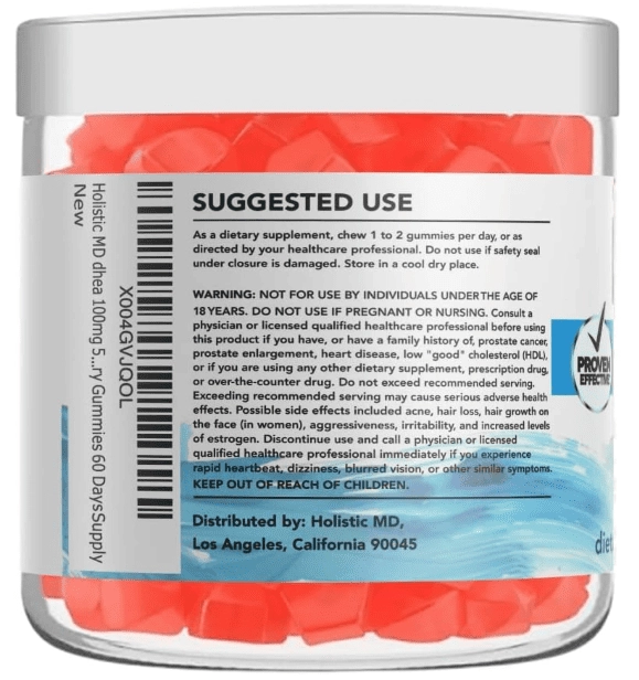 DHEA 100mg e 50mg, 60 Gomas Sabor Morango sem açúcar, Holística MD
