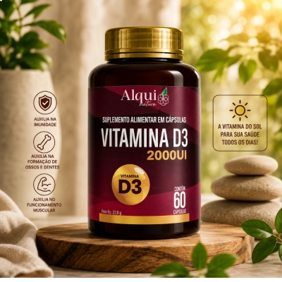 Vitamina D3 2000UI, Imunidade, Ossos Fortes e Bem-Estar Diário, 60 Cápsulas, Alquimia