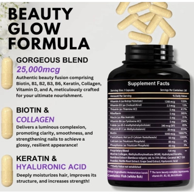 Biotina 25000mcg com Ácido Hialurônico, Colágeno e Queratina, 60 Cápsulas, VitBoost