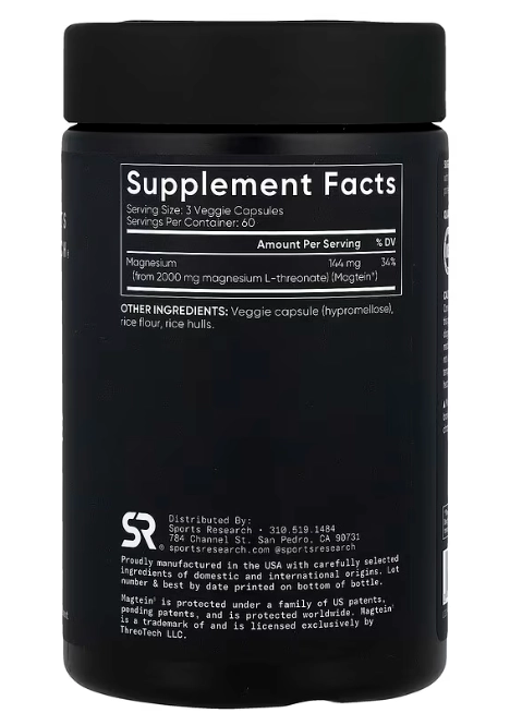 Magtein Magnésio L-Treonato 2000mg, 180 Cápsulas, Sports Research