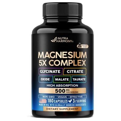 Magnésio, Complexo 5 em 1 (Glicinato, Citrato, Malato, Taurato, Óxido), 500mg, 180 Cápsulas, Nutra Harmony